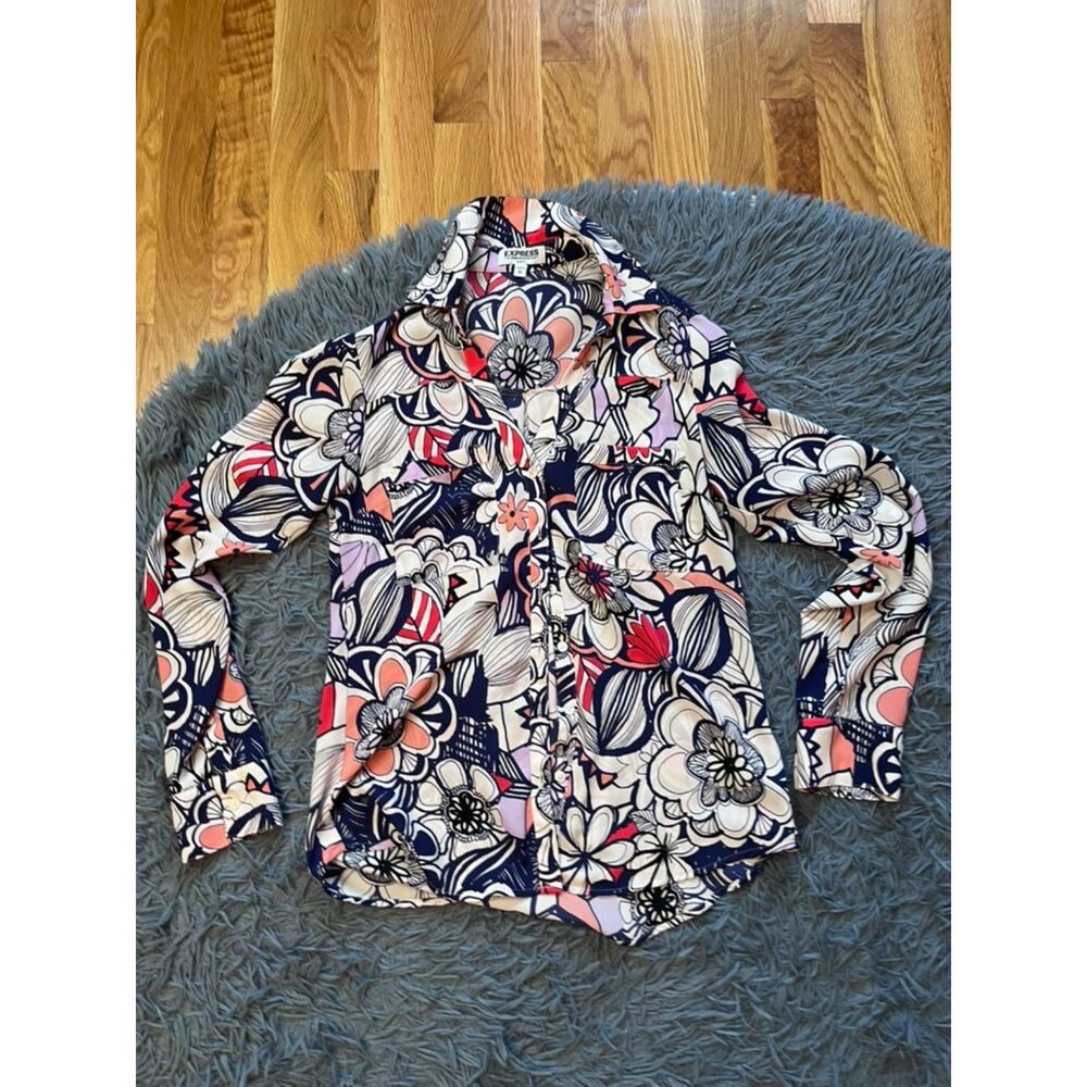 Express The Portofino Slim Fit Shirt Roll Tab Sleeve Retro Floral Size XS